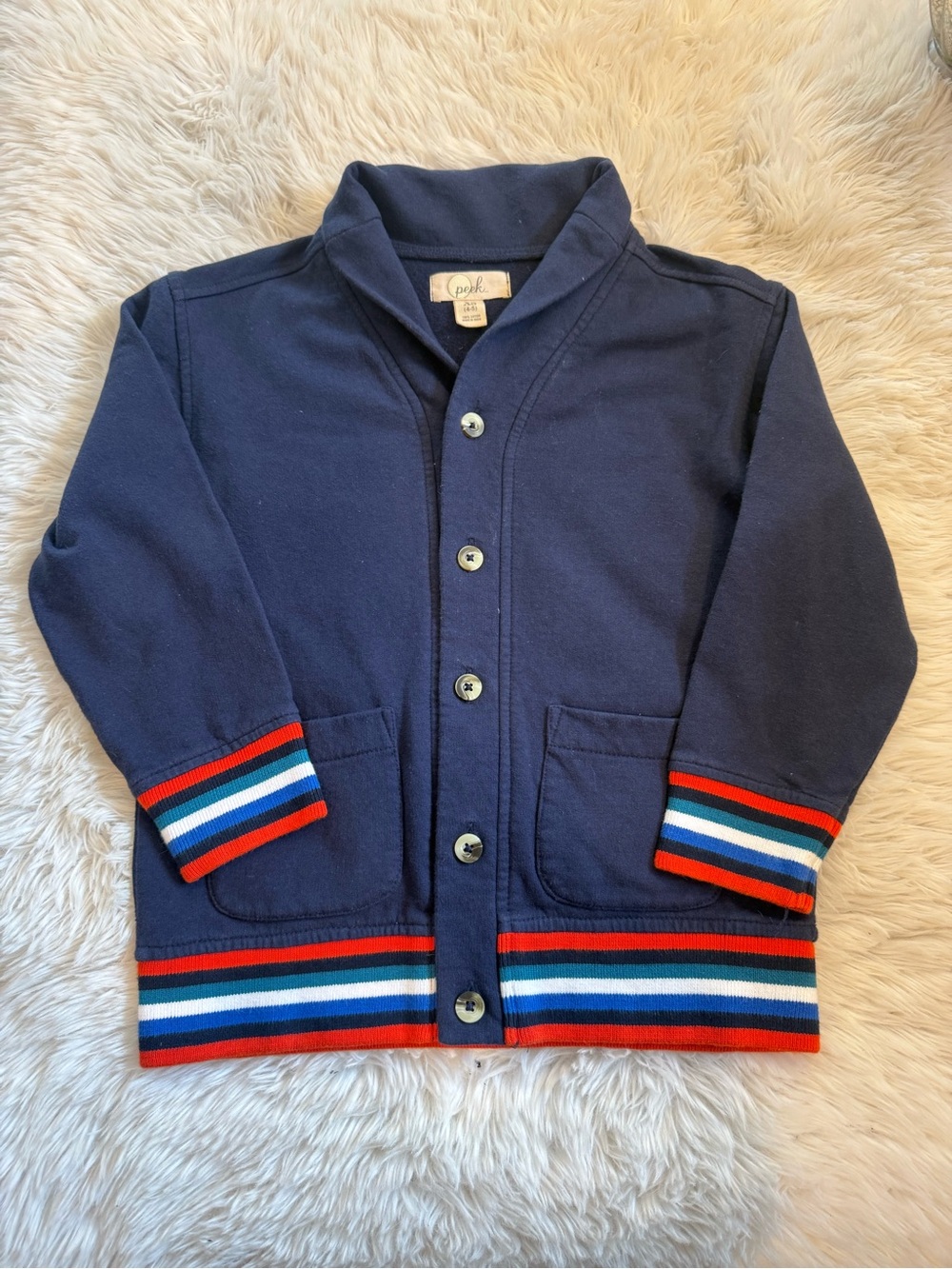 Peek Navy Kids Button-Up Jacket with Red, White & Blue Striped Trim Size XS 4-5